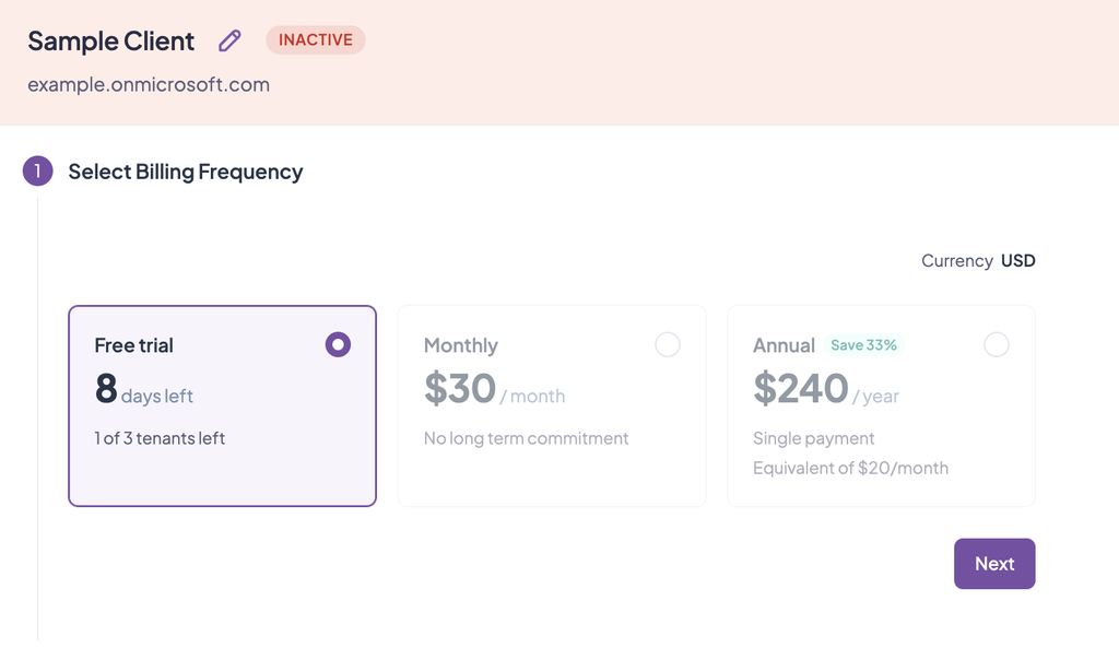 Select Billing Frequency stage of the activation wizard