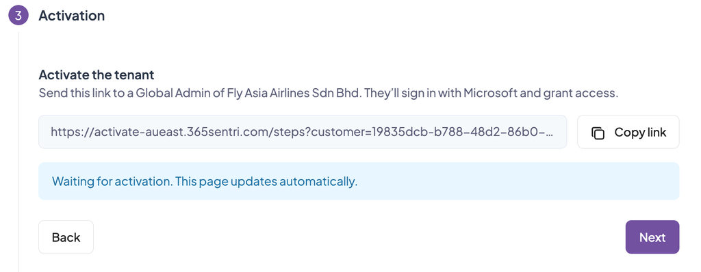Activation stage with the Copy URL button