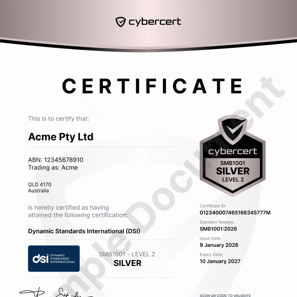 Sample SMB1001 CyberCert certificate
