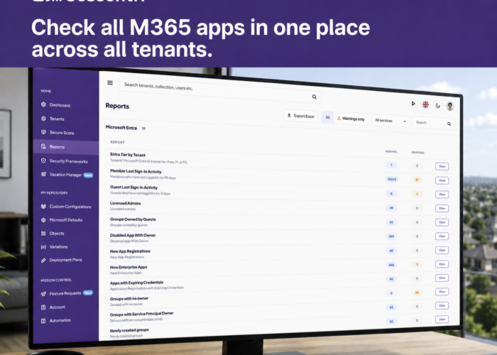 365sentri Reports view showing Microsoft 365 applications across multiple customer tenants.