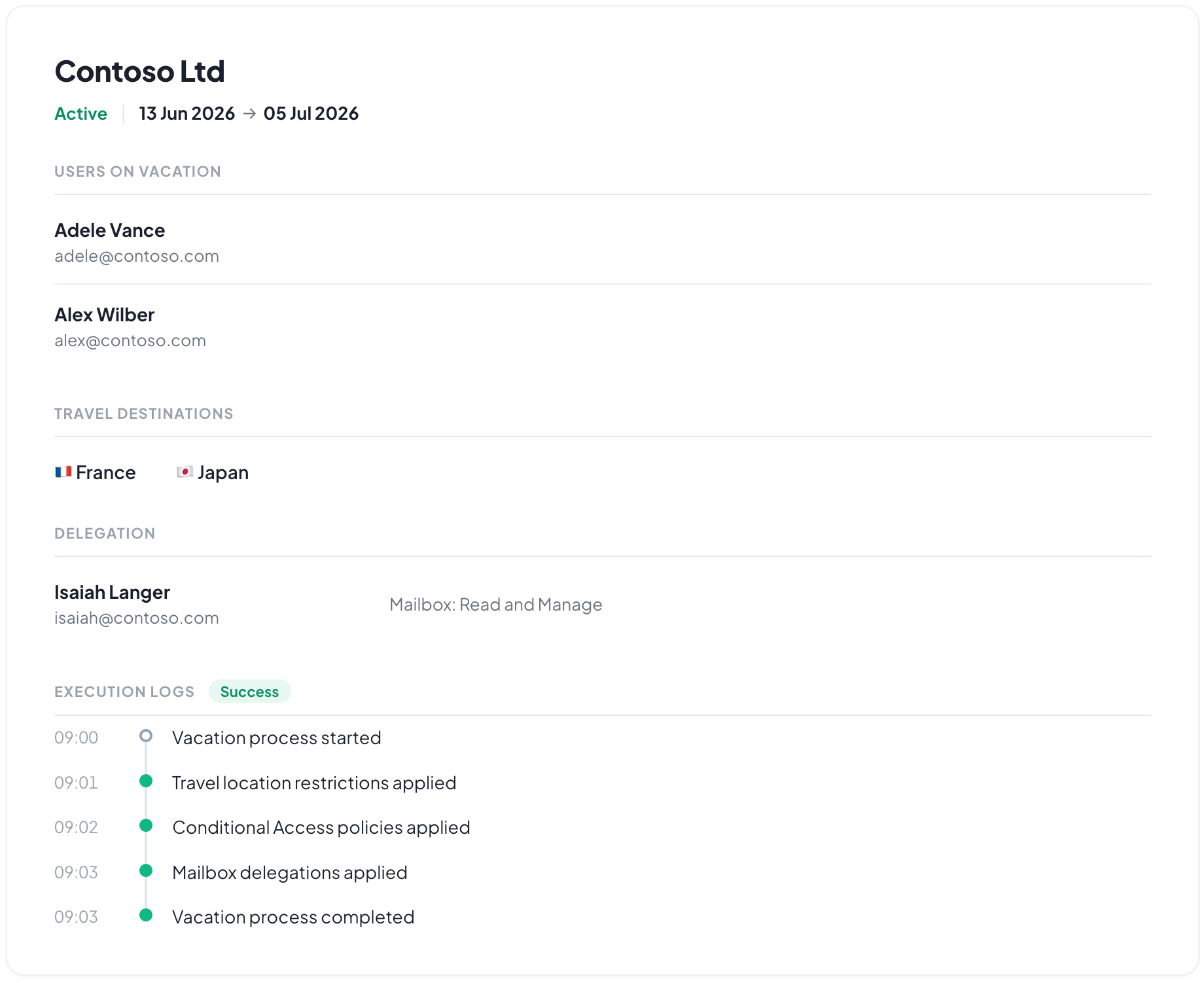 Vacation Manager tenant detail showing users on vacation, travel destinations, delegation and execution logs